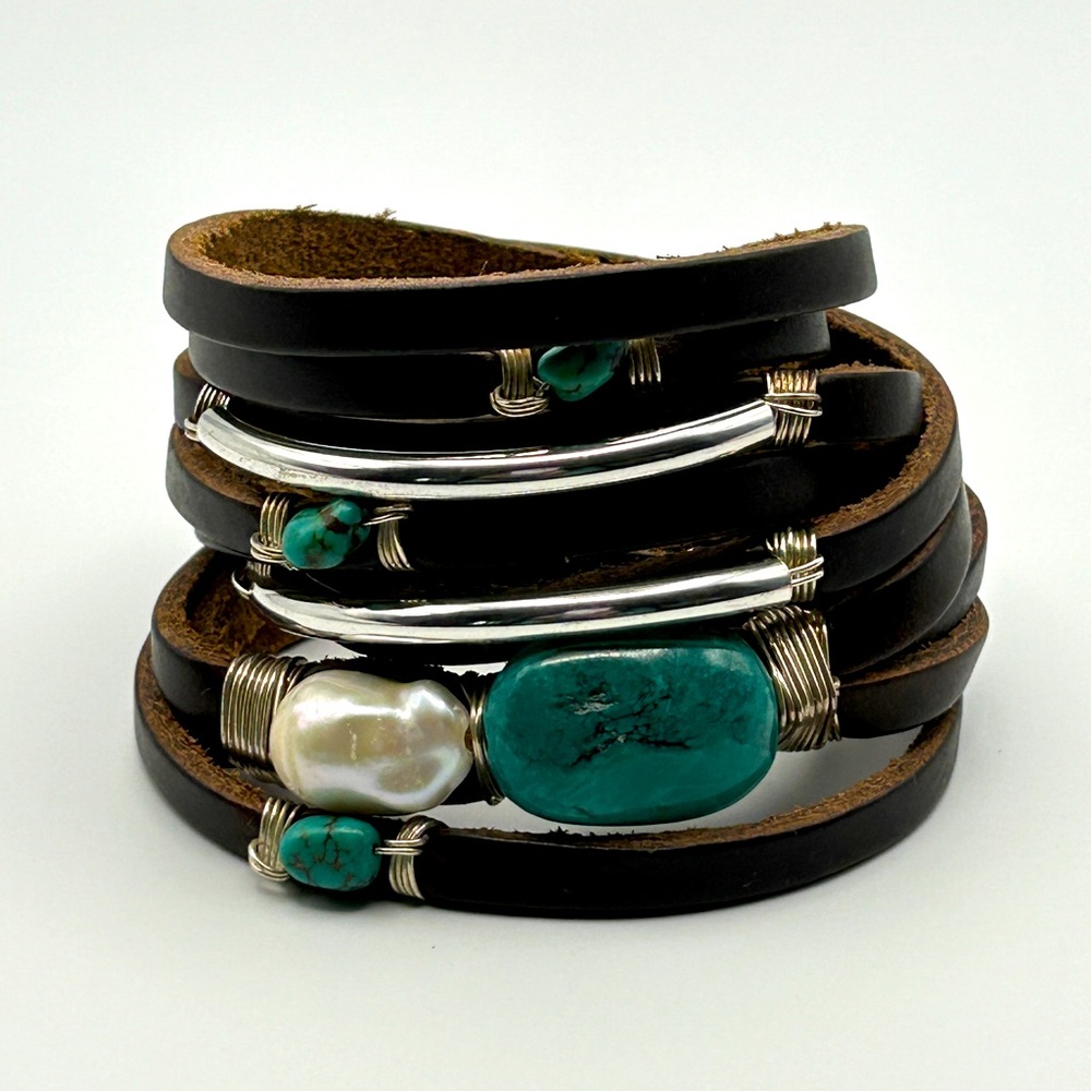Taylor and Tessier Leather Wrap Bracelet ~Sterling Silver, Pearl, Turquoise 15”